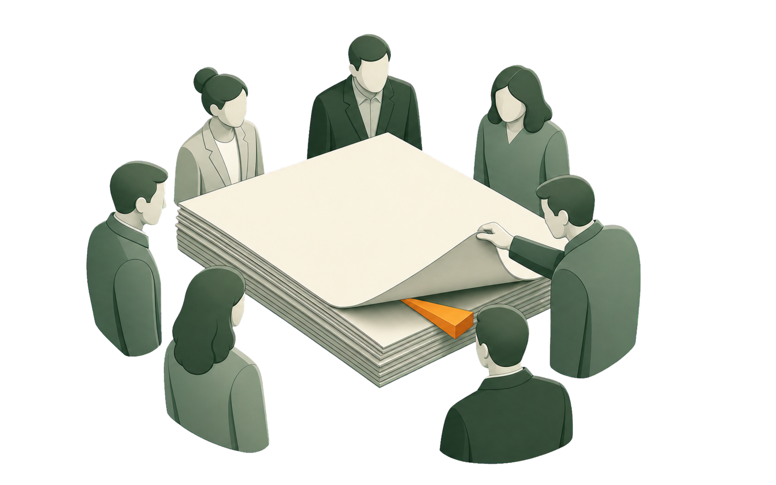 Seven decision-makers scrutinise a substantial paper dossier as one lifted page reveals an unsupported assumption marked by a precise orange wedge.