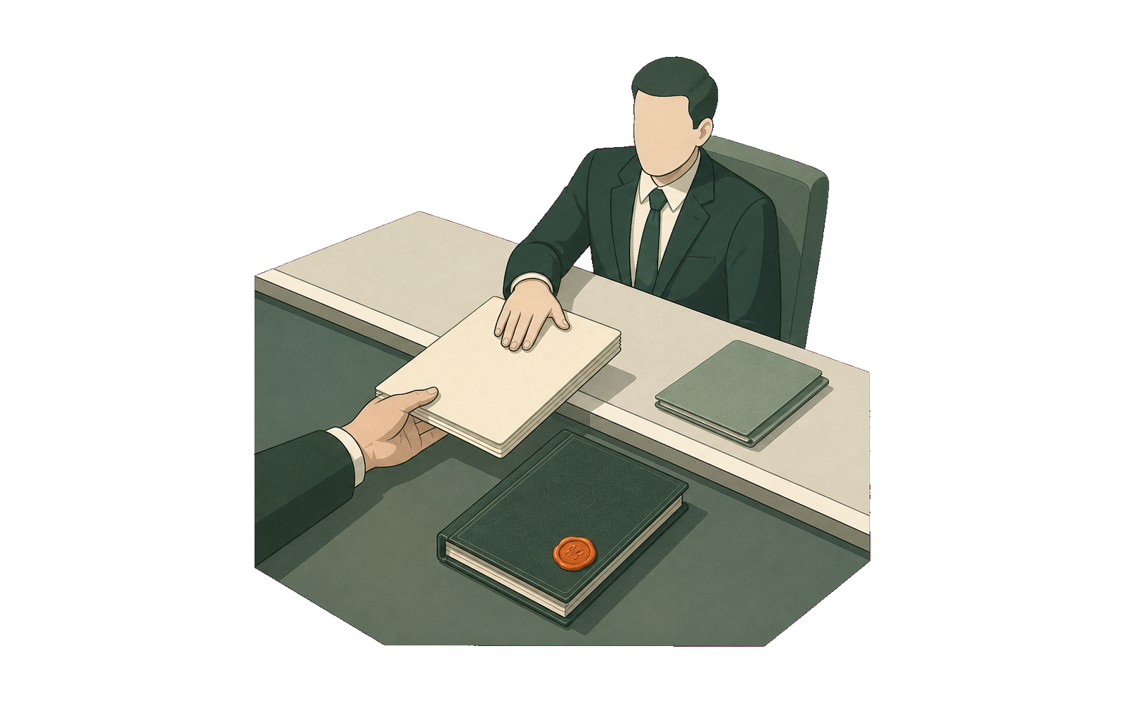 Sealed deliverable handed across a fixed-scope desk into client ownership.