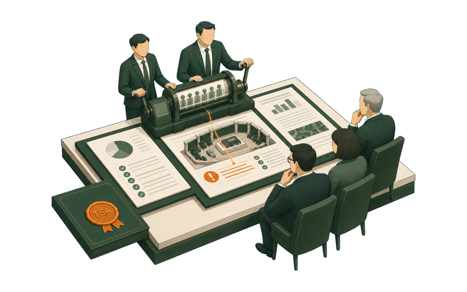 The founders direct an analysis tool while an audience reads a deliverable.